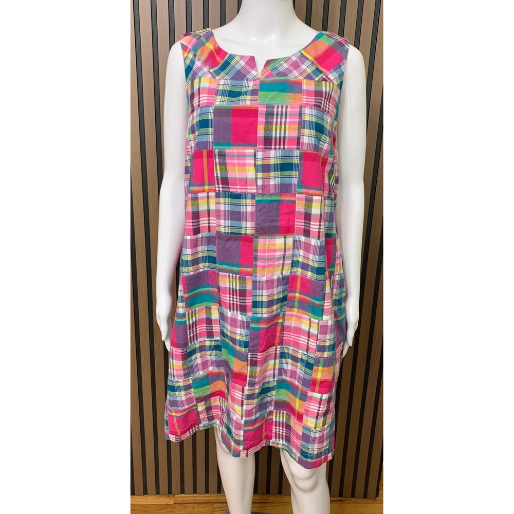 Talbots Petites Pink Multi Color Patchwork Plaid Cotton Shift Dress 14P Pockets